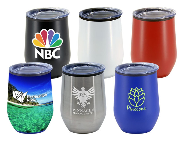 A collection of six travel mugs in various colours: black, white, red, blue, silver, and a design featuring a tropical scene.