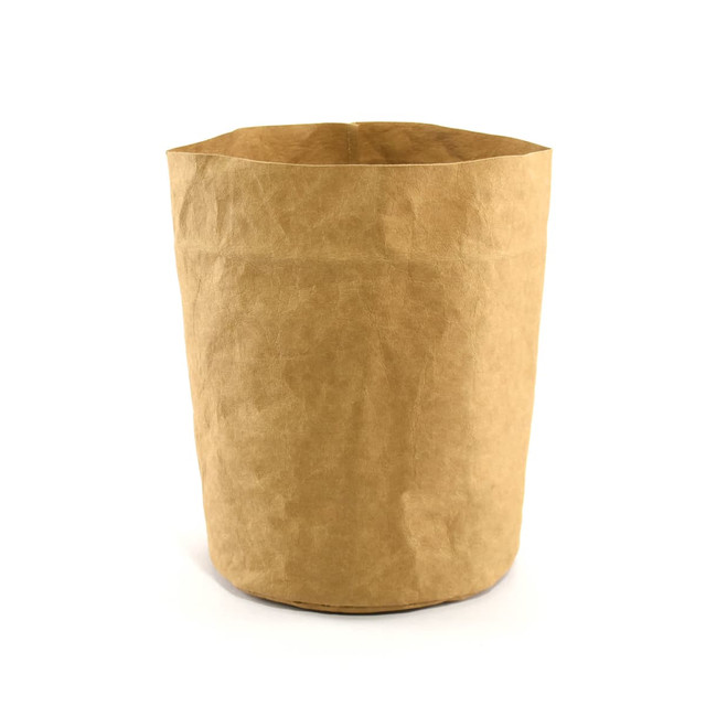 A brown kraft paper storage bag with an open top and a textured finish, featuring a branding logo. A brown kraft paper storage bag with an open top and a textured finish, featuring a branding logo.