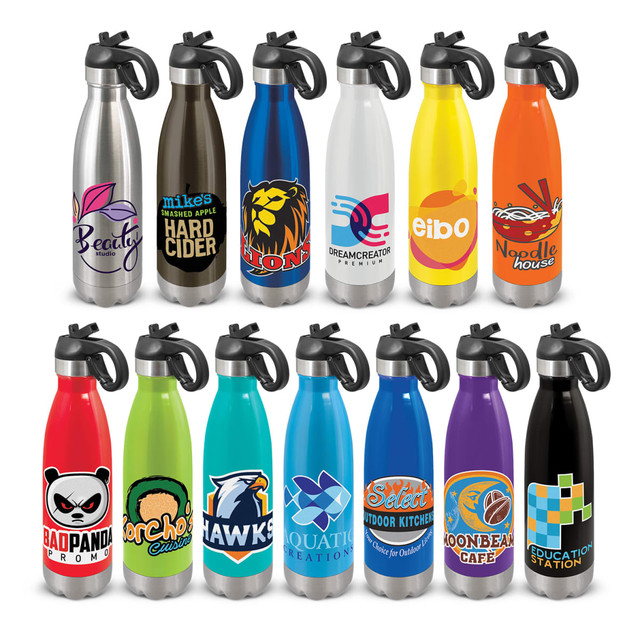 A drink bottle collection featuring various colours, designs, and a flip lid. Includes silver, white, orange, green, and more.