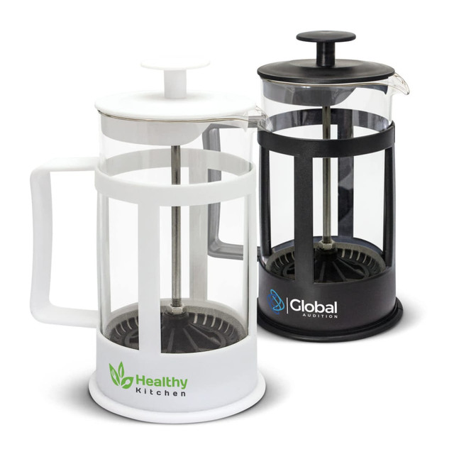 Two coffee plungers are displayed: one in white with a logo and the other in black, both featuring glass and metal components.