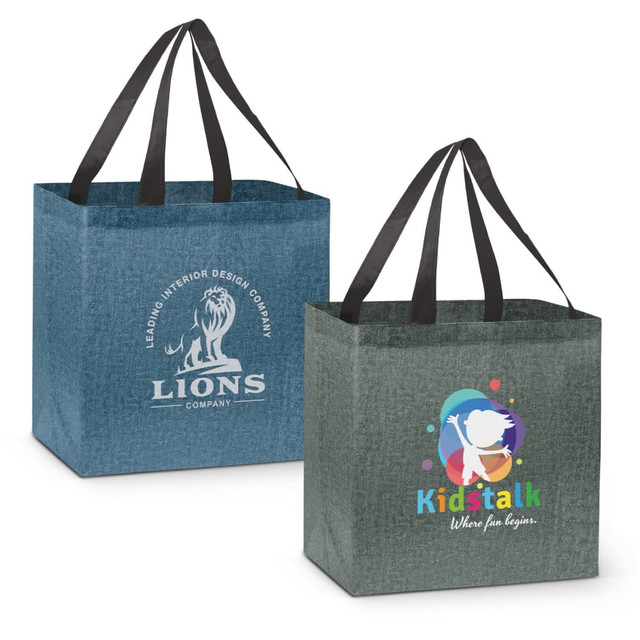 Two heather tote bags featuring a dark blue and grey colour scheme, each with black handles and a logo.