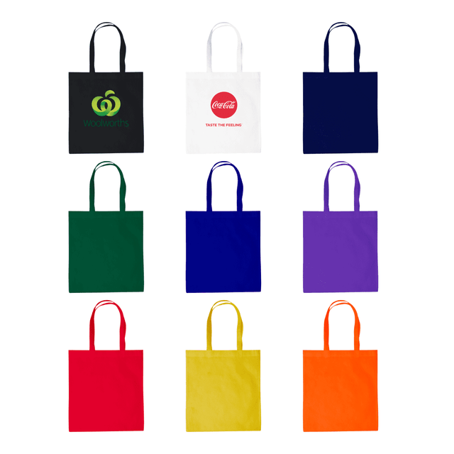 A collection of tote bags in various colours: white, navy, green, blue, purple, and yellow, each featuring a logo.