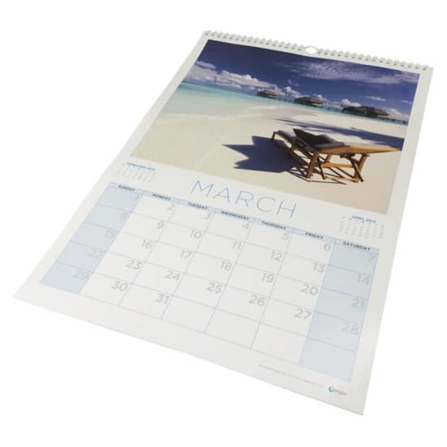A3 wiro bound wall calendar featuring a serene beach scene for March, with a blue and white colour scheme. A3 wiro bound wall calendar featuring a serene beach scene for March, with a blue and white colour scheme.