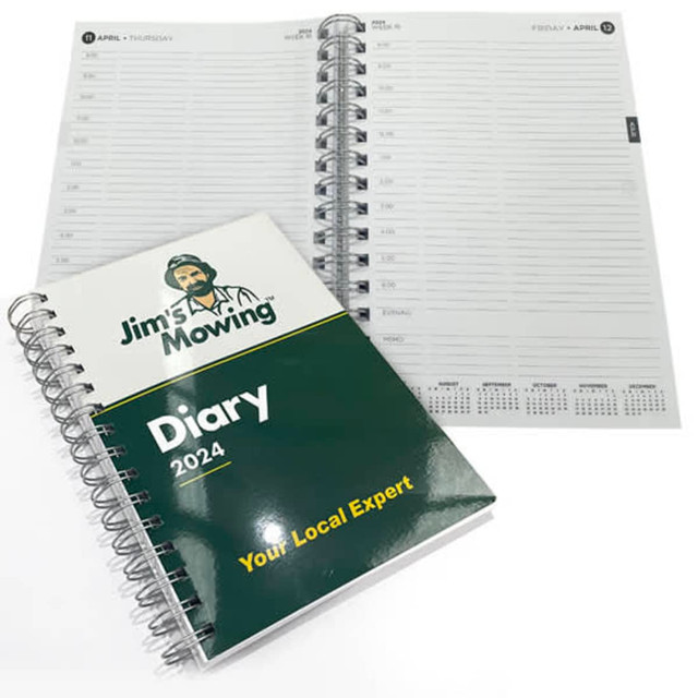 A5 wiro-bound diary with a green printed cover, featuring 157 leaves and a day-per-page layout.