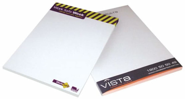 A6 writing pad with 25 blank leaves, featuring a white cover and a logo on the bottom. Ideal for office use. A6 writing pad with 25 blank leaves, featuring a white cover and a logo on the bottom. Ideal for office use.