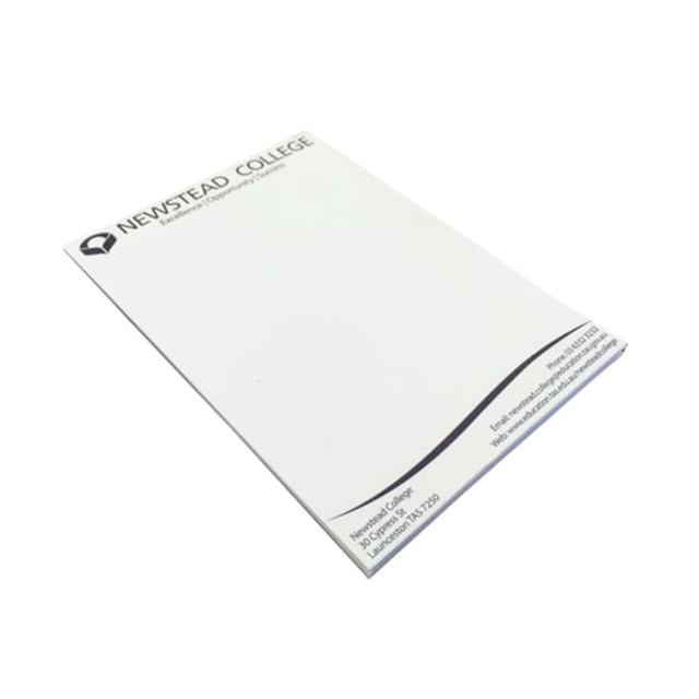 A notepad featuring a white cover with a logo, designed for office and business use.