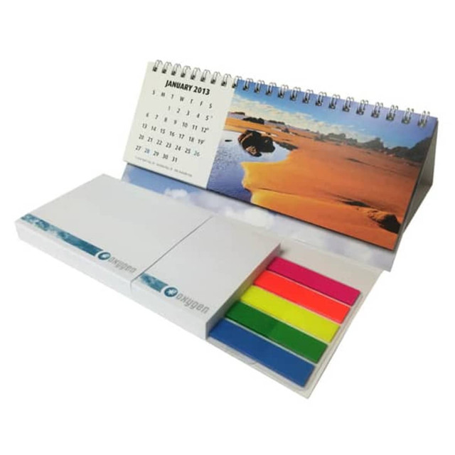 A combo pad featuring a spiral-bound calendar and sticky notes in vibrant colours, with a logo on the pad.