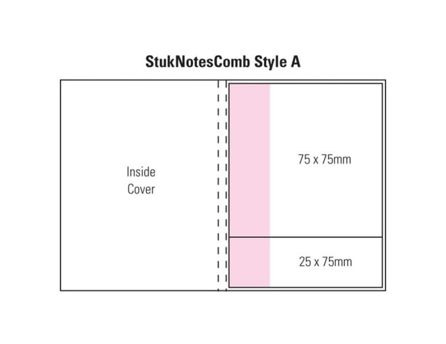 A product diagram of a laminated 4 colour cover combo pad featuring pink and white sections with specified dimensions. A product diagram of a laminated 4 colour cover combo pad featuring pink and white sections with specified dimensions.