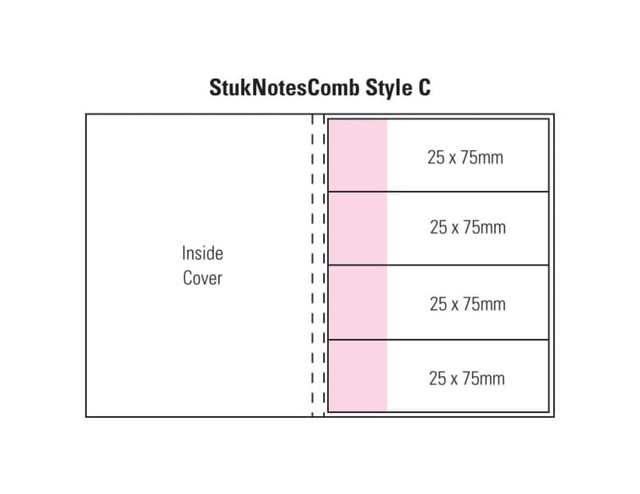 A printed design of a laminated pad featuring a combination cover with pink accents and lined note sections.