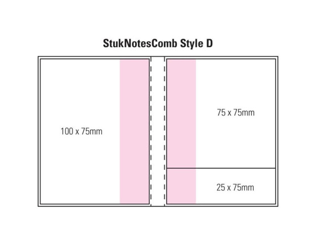 A diagram of a laminated combination pad featuring a four-colour cover with sections of varying sizes in pink and white. A diagram of a laminated combination pad featuring a four-colour cover with sections of varying sizes in pink and white.