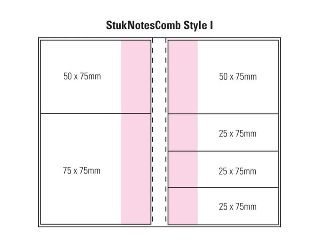 A Combo Pad design featuring a laminated four-colour cover with various note sizes in pink and white. A Combo Pad design featuring a laminated four-colour cover with various note sizes in pink and white.