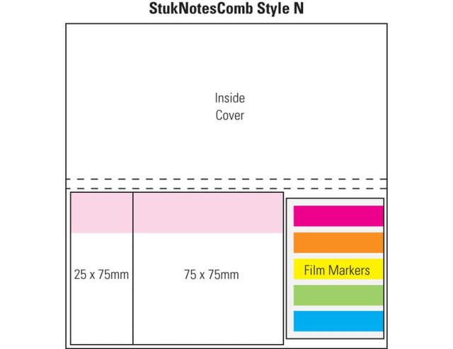 A printed layout depicting a laminated cover with sections for film markers in pink, orange, blue, and green. A printed layout depicting a laminated cover with sections for film markers in pink, orange, blue, and green.