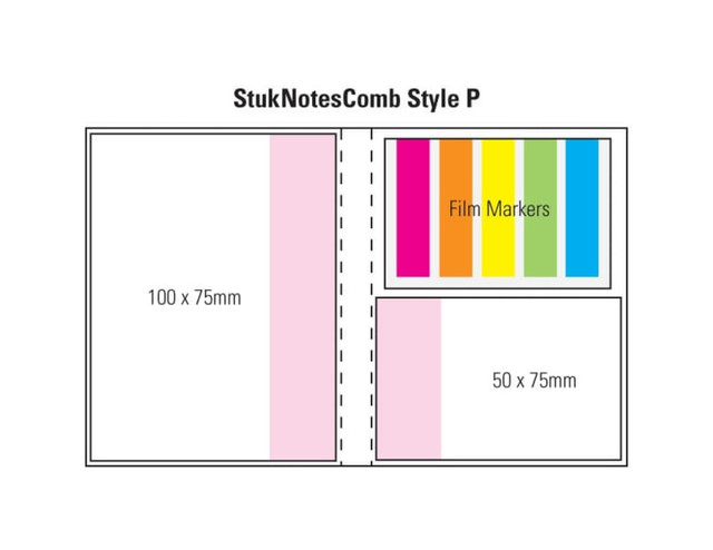 A colourful promotional product featuring a laminated cover and two pads in pink and white, one with film markers.