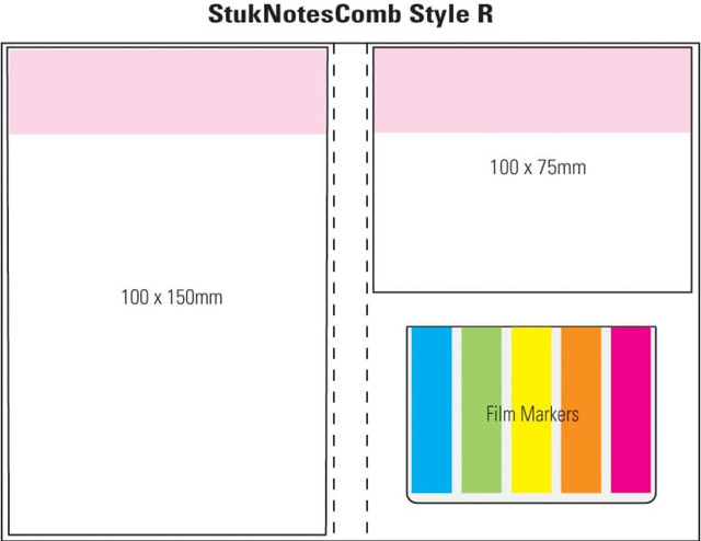 A notepad featuring a pink and white laminated cover with sections in various sizes and a set of film markers in rainbow colours. A notepad featuring a pink and white laminated cover with sections in various sizes and a set of film markers in rainbow colours.