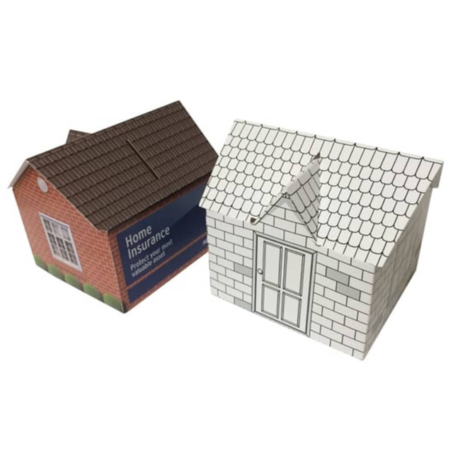 A house-shaped money box featuring a red brick design and a white stone design, both with printed details and a logo. A house-shaped money box featuring a red brick design and a white stone design, both with printed details and a logo.