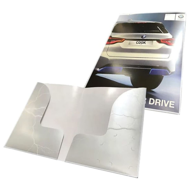A4 digital presentation folder with double pockets in white and grey, featuring a sleek automotive design on the front. A4 digital presentation folder with double pockets in white and grey, featuring a sleek automotive design on the front.