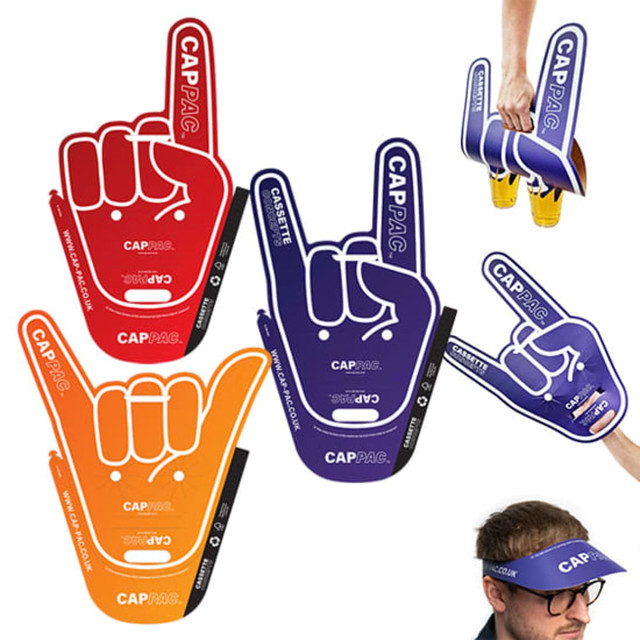 A selection of foam hand designs in red, purple, and orange, featuring a logo and a person holding one up. A selection of foam hand designs in red, purple, and orange, featuring a logo and a person holding one up.