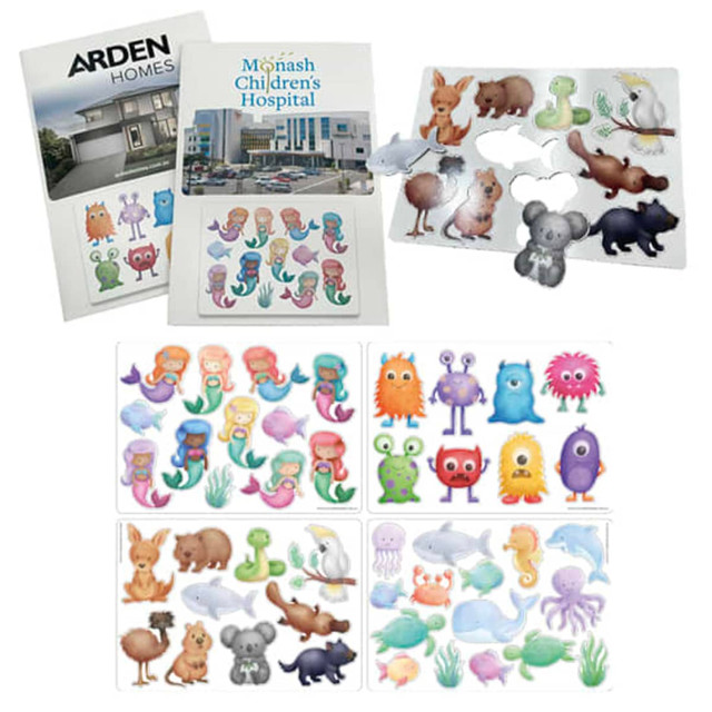 A printed envelope containing A5 diecut magnet sheets featuring colourful animal characters and designs.