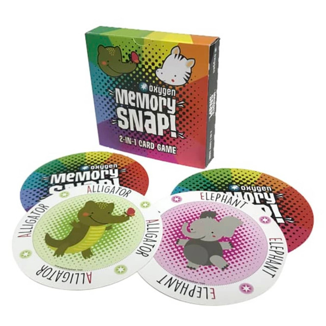 A box of "Memory Snap!" game featuring colourful animal cards: alligator and elephant. Includes a branded logo.