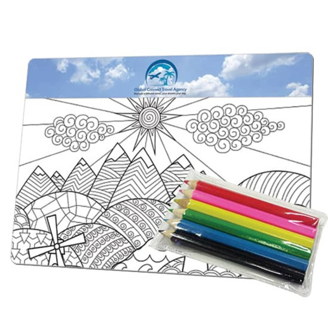 A magnet with a landscape design for colouring, accompanied by a set of coloured pencils in various vibrant colours. A magnet with a landscape design for colouring, accompanied by a set of coloured pencils in various vibrant colours.