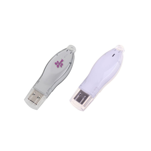 A pair of USB flash drives in light grey and pale purple, featuring a logo on one drive.