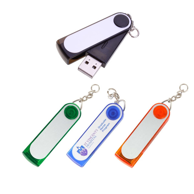 A set of four flash drives in black, green, blue, and orange, each with a keychain attachment and a logo.