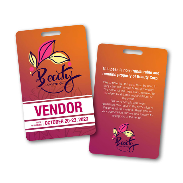 Two ID cards with a vibrant orange and pink gradient, featuring a floral design and a logo, along with event details. Two ID cards with a vibrant orange and pink gradient, featuring a floral design and a logo, along with event details.