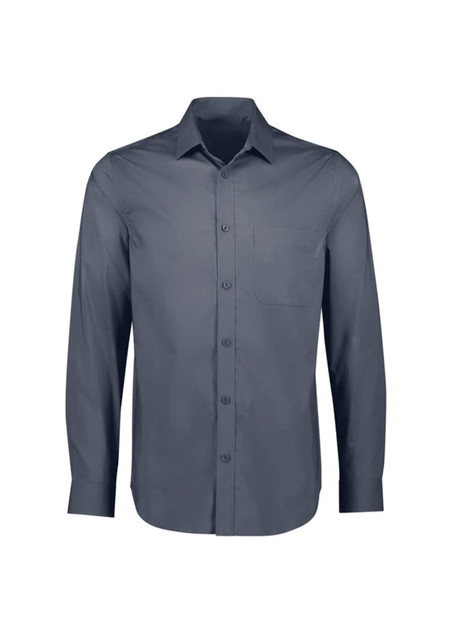 A men's long sleeve button-up shirt in dark grey with a chest pocket and a logo on the shirt.