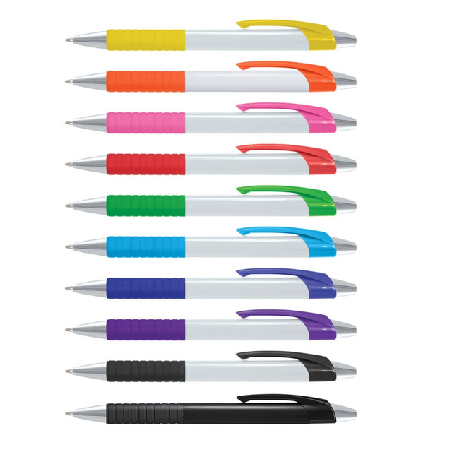 A collection of plastic pens in various colours, featuring white barrels and grip sections, with a logo on each pen.