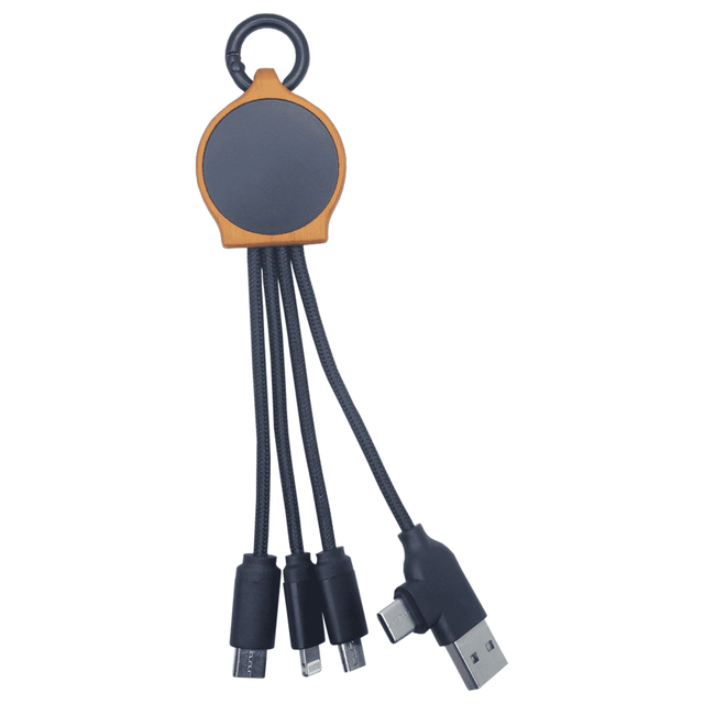 A bamboo charging hub with four RPET cables in a dark colour, featuring a circular logo area.