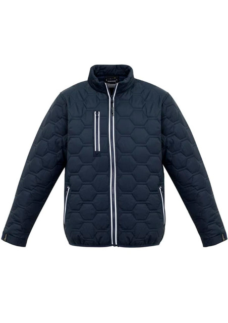 A unisex hexagonal puffer jacket in dark navy, featuring a zipped pocket and a logo on the front.