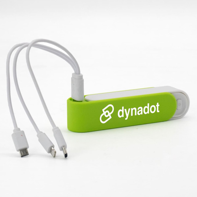 A green and grey power bank with attached charging cables and a branding logo. Ideal for portable charging needs.