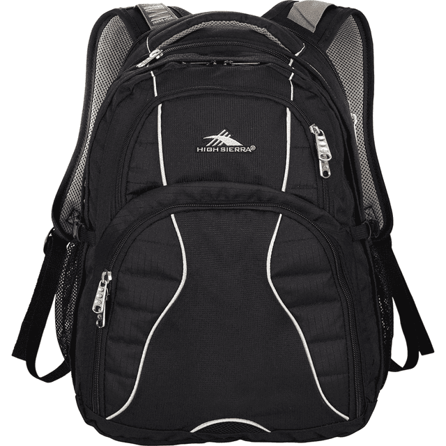 A black High Sierra Swerve 17" backpack featuring multiple compartments and a logo. Mesh details enhance its design.