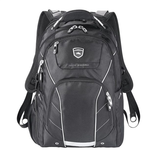 A black backpack featuring multiple compartments, zippers, and a logo, designed for holding a computer and other items.