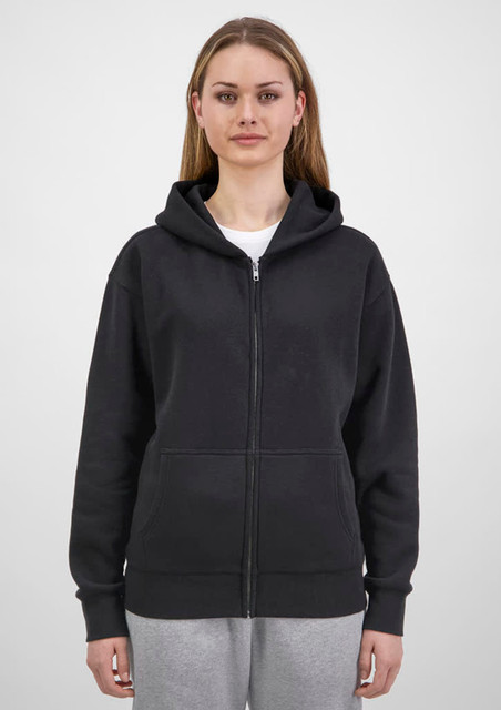 A black women's zip hoodie with a front zipper and hood, featuring a simple design and a logo.
