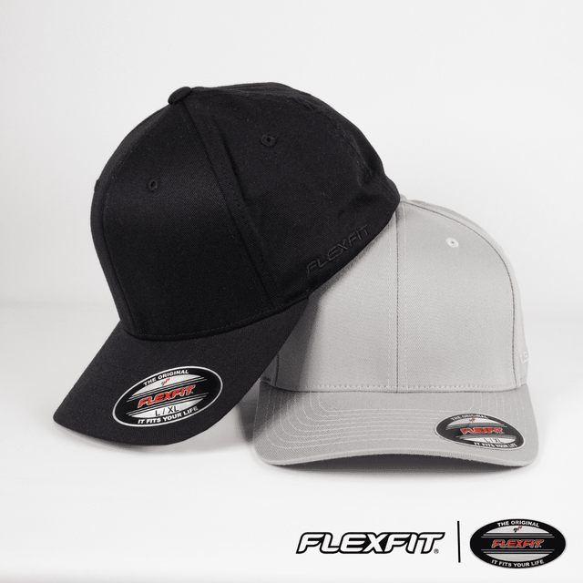 A black and a grey cap, both featuring a logo, arranged side by side on a white background.