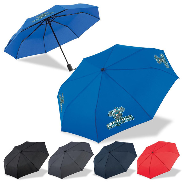 A compact umbrella in blue, black, red, and dark red, featuring branding on the blue version.