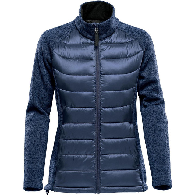 A women's hybrid jacket in navy blue with a mix of padded and soft fabric textures, featuring a high collar and zip closure.