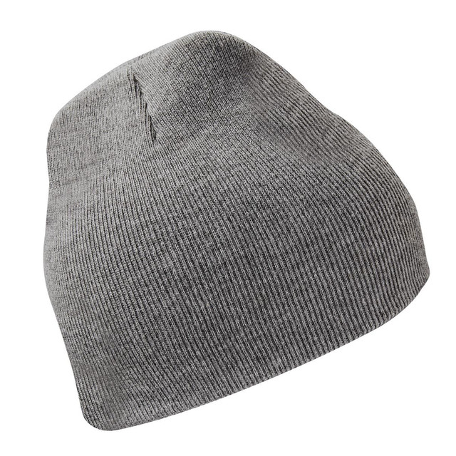A grey knit beanie with a fitted design, featuring a logo on the side.