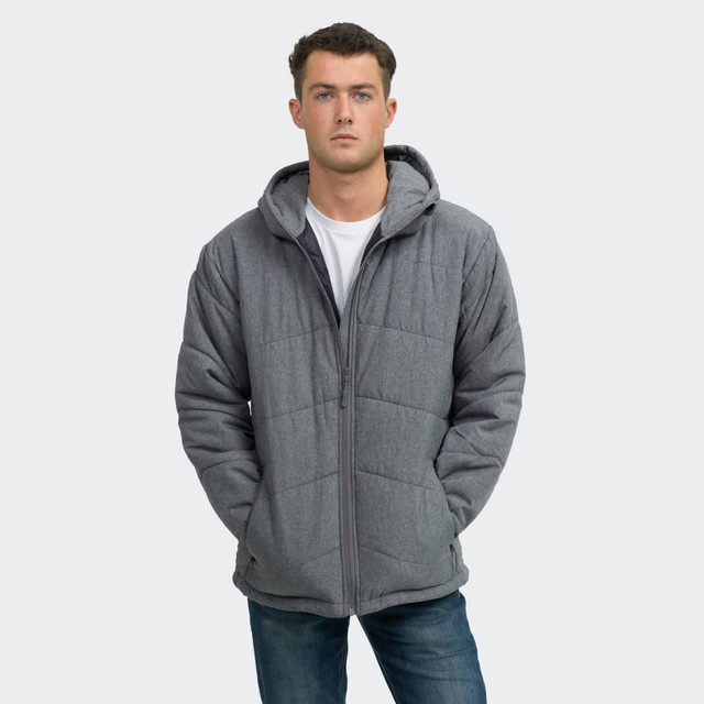 A men's puffer jacket in grey, featuring a hood and a zip-up front, worn by a model.