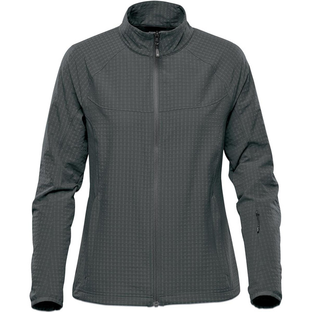 A women's jacket in dark grey with a zip front and a sleek, textured design. Features a branded logo.