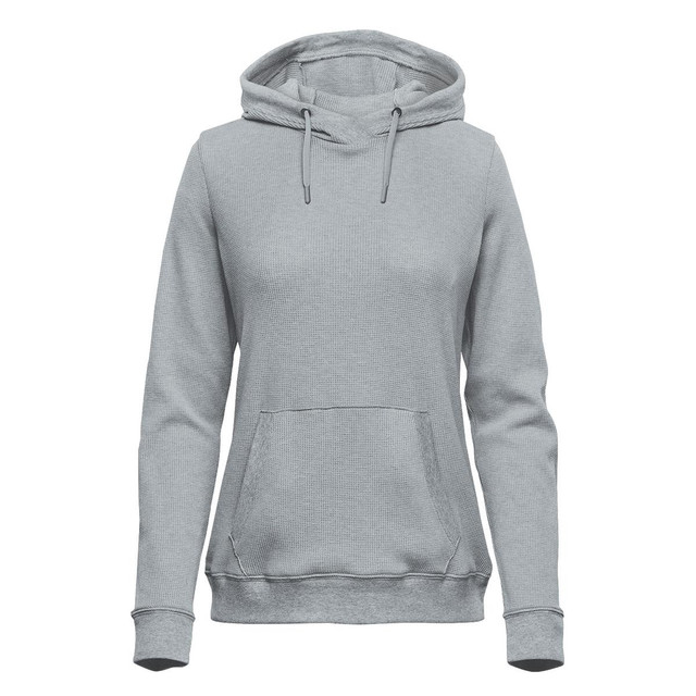 A grey women's pullover hoodie featuring a front pocket and drawstring hood. It has a subtle texture and includes a logo.