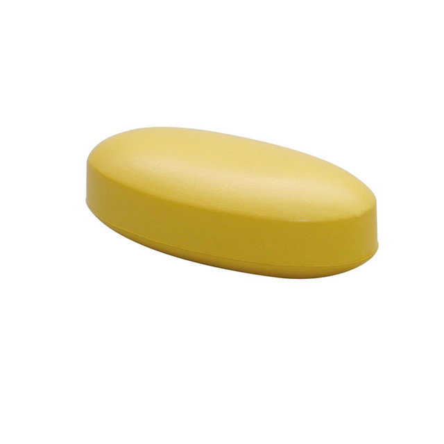 A yellow stress pill-shaped item with a smooth surface, featuring a branding logo on the side.