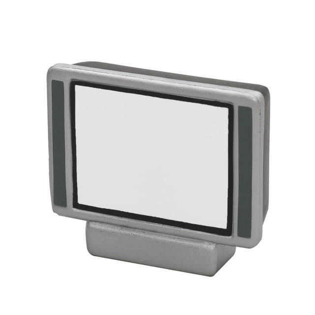 A miniature stress relief television in silver and grey, featuring a blank screen and a simple design.