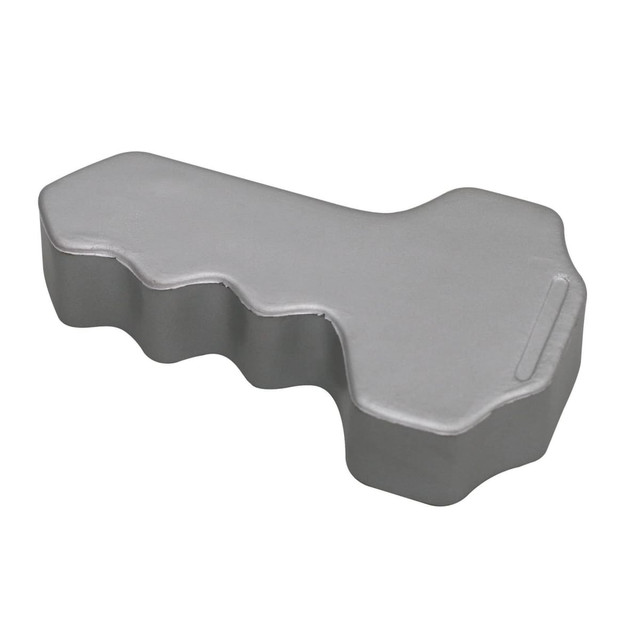 A grey key-shaped stress keyring with a smooth surface and ergonomic design. It has a simple branding logo.