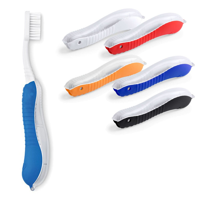 A toothbrush in various colours including blue, red, orange, black, and white, featuring a branding logo.
