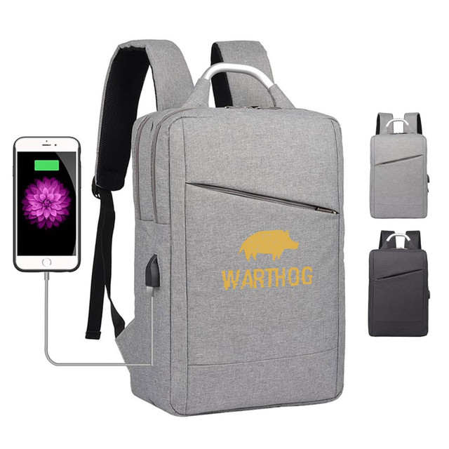 A grey laptop backpack featuring a logo and a USB charging port, with adjustable shoulder straps.