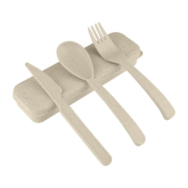 A set of wheat straw utensils in beige, including a knife, fork, and spoon, stored in a matching case.