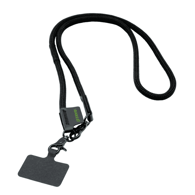 A black phone strap featuring a clip and an attachment for identification or accessories. It has a sleek and modern design.