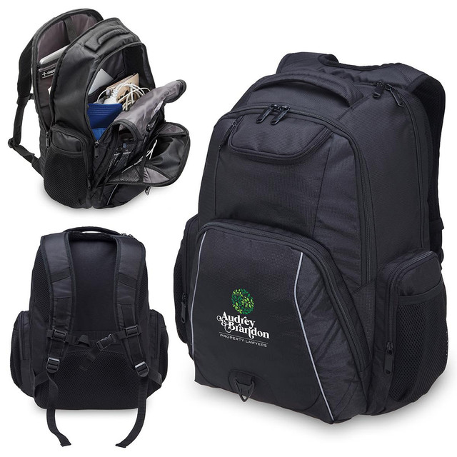 A black laptop backpack featuring multiple compartments and pockets, including side mesh pockets and a logo.